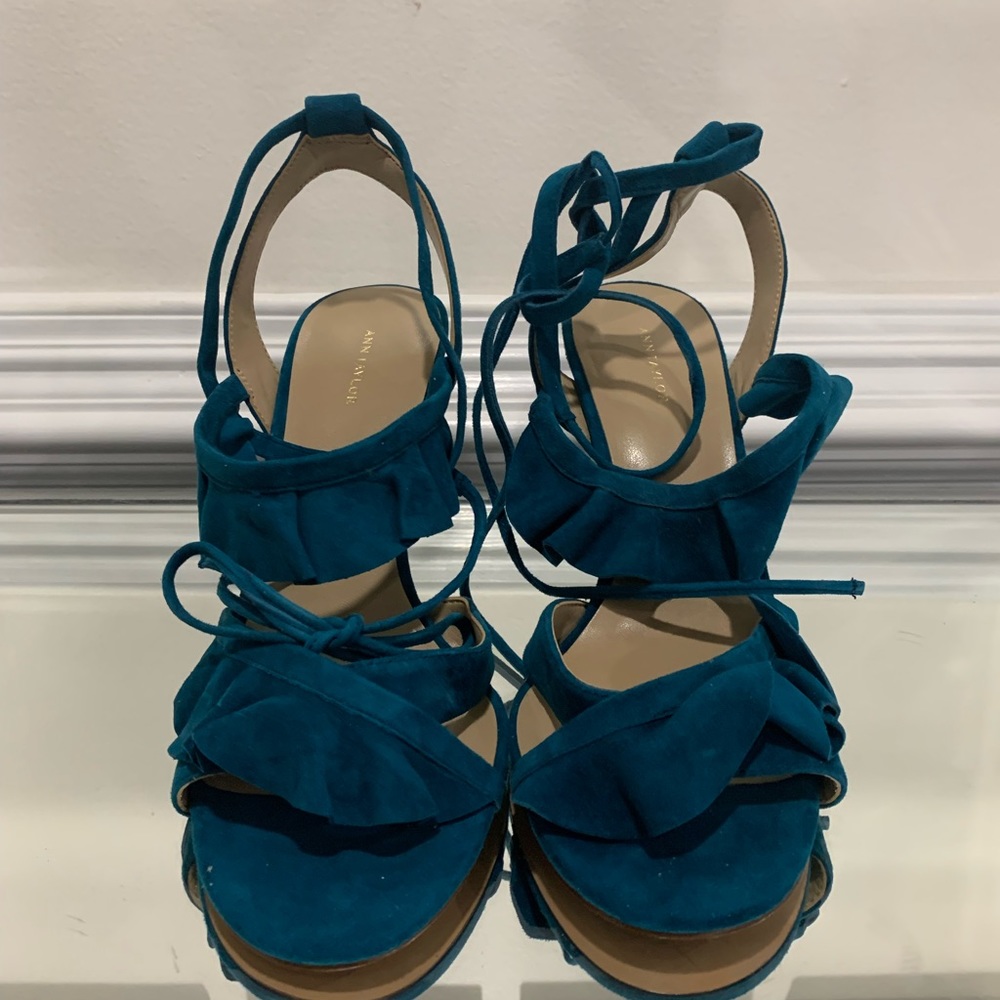 Ann Taylor Suede Ruffle Tie Ankle Sandals